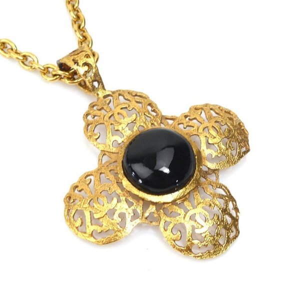 Authentic CHANEL CC Logo Pendant Necklace Gold/Black Metal/Stone - e58950a - Picture 1 of 8